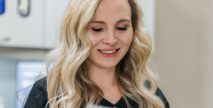 close-up of woman with wavy blonde hair