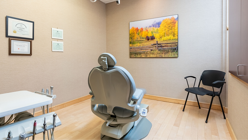 Dental chair facing a painting