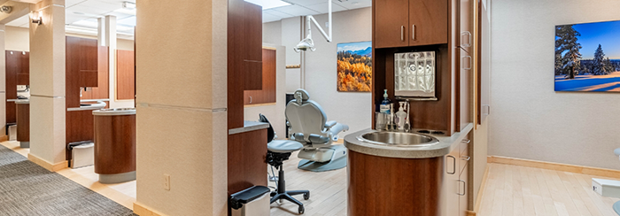 Dental treatment areas viewed from the hallway